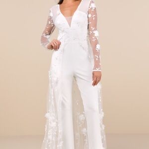 Lulus Immaculate Favorite White Mesh Embroidered Cape Jumpsuit - Size XS